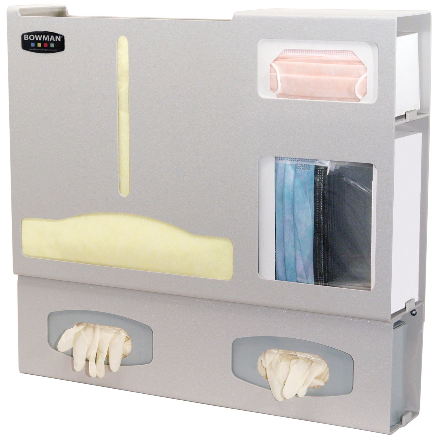 Protection Organizer, Holds A Variety of Gowns, Two Boxes of Gloves, One Box of Face Mask & One Box of Face Shields, Keyholes For Wall Mounting, Door Hanger Cut-Out, Quartz ABS Plastic, 22_"W x 20_"H x 4_"D (Made in USA)