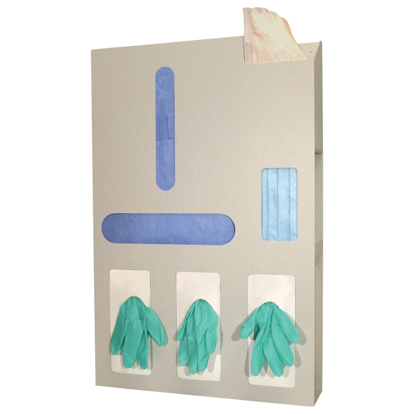 Protection Organizer, Holds Flat Pack or Launderable Gowns, Three Boxes of Gloves, One Box of Face Masks & Storage Area to Hold a Variety of Medical Supplies, Keyholes For Wall Mounting, Door Hanger Cut-Out, Quartz ABS Plastic, 16_"W x 25 5/8"H x 4"D (Made in USA)