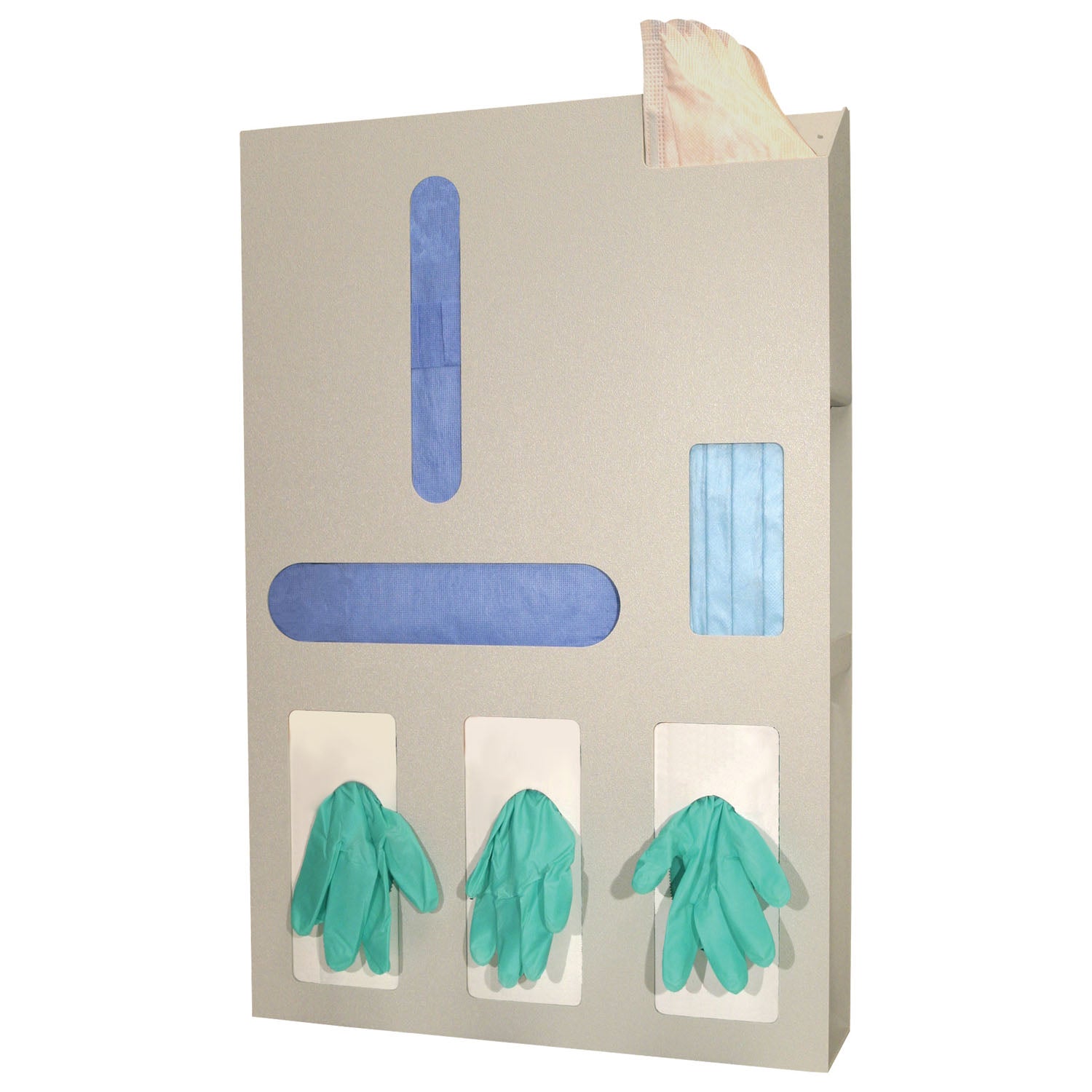 Protection Organizer, Holds Flat Pack or Launderable Gowns, Three Boxes of Gloves, One Box of Face Masks & Storage Area to Hold a Variety of Medical Supplies, Keyholes For Wall Mounting, Door Hanger Cut-Out, Quartz ABS Plastic, 16_"W x 25 5/8"H x 4"D (Made in USA)
