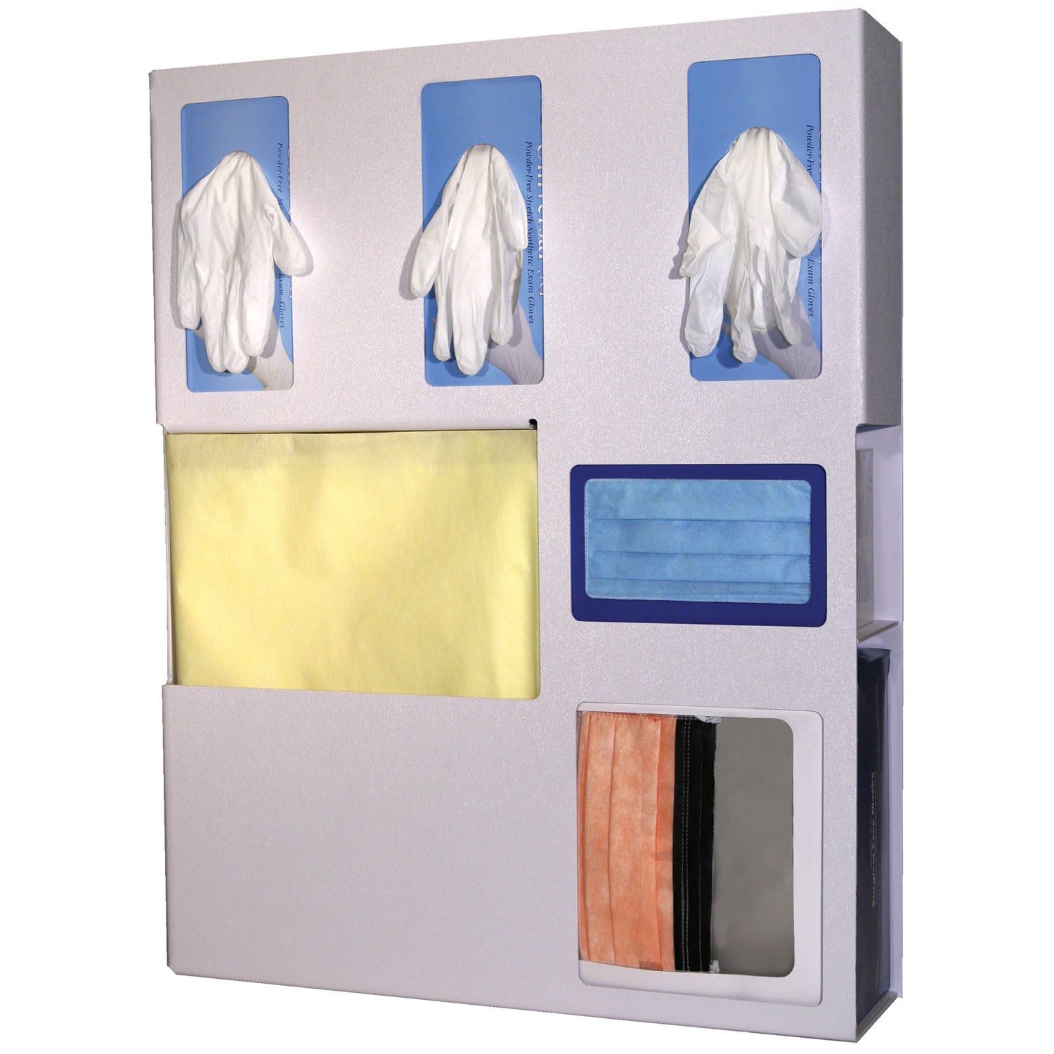 Protection Organizer, Holds Flat Pack or Launderable Gowns, Three Boxes of Gloves, One Box of Face Masks & One Box of Face Shields, Keyholes For Wall Mounting, Door Hanger Cut-Out, Quartz ABS Plastic, 20 1/16"W x 25_"H x 4_"D (Made in USA)