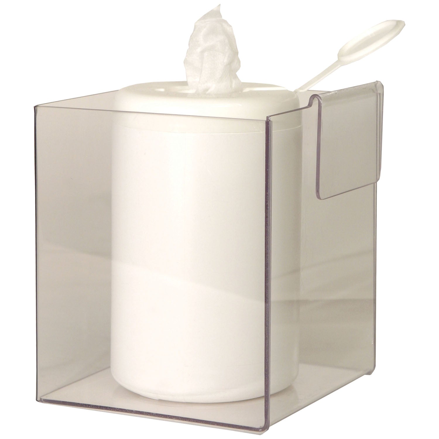 Caddy Dispenser, Clip-On, Holds A Variety of Medical Supplies Including Wet Wipes Canisters Clips to Side of Protection Organizers Greater Than 4" Deep. Clear PETG Plastic, 6 3/16"W x 7 5/16"H x 6 5/8"D