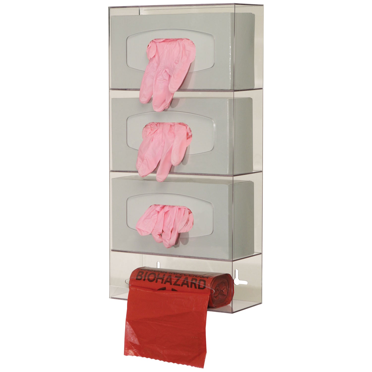 Triple Glove & Single Roll Bag Dispenser, Holds Three Boxes of Gloves & One Roll of Bags (up to 9"L), Keyholes For Wall Mounting, Clear PETG Plastic, 10 1/8"W x 20 3/8"H x 3 15/16"D (40 cs/plt)  (Made in USA)