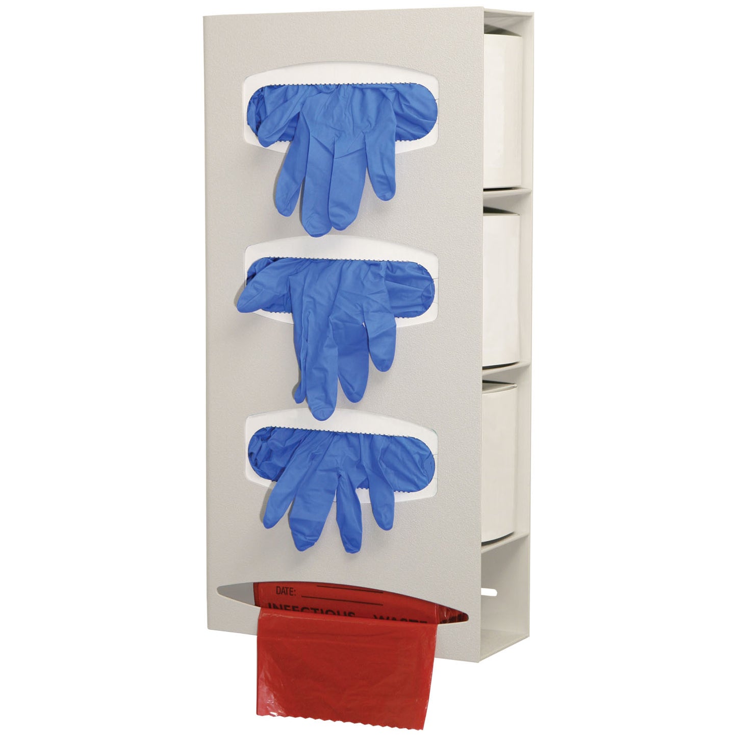 Triple Glove & Single Roll Bag Dispenser, Holds Three Boxes of Gloves & One Roll of Bags (Up to 9"L), Keyholes For Wall Mounting, Quartz ABS Plastic, 10 1/8"W x 20 3/8"H x 3 15/16"D (Made in USA)
