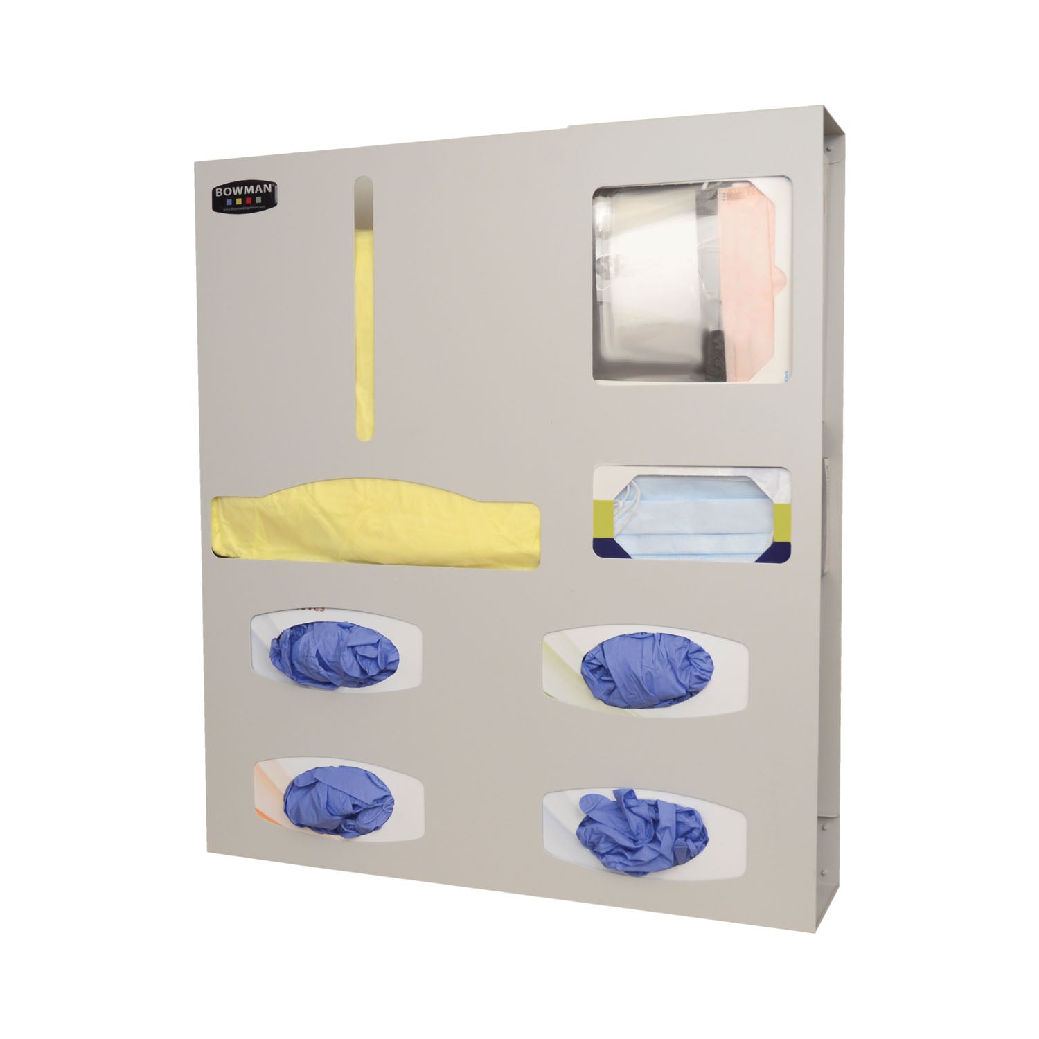 Protection Organizer, All Aluminum, Quad Glove, Holds a Variety of Gowns, Four Boxes of Gloves, One Box of Face Masks & (1) Box of Face Shields, Keyholes For Wall Mounting, Quartz Powder Coated Aluminum, 22_"W x 25 5/8"H x 4 9/16"D (20 cs/plt) (Made in USA)