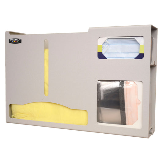 Protection Organizer, Gloveless, Holds Variety of Gowns, One Box of Face Masks & One Box of Face Shields, Keyholes For Wall Mounting or Floor Stand Mounting, Door Hanger Cut-Out, Quartz ABS Plastic, 23 3/8"W x 15"H x 4_"D (Made in USA)