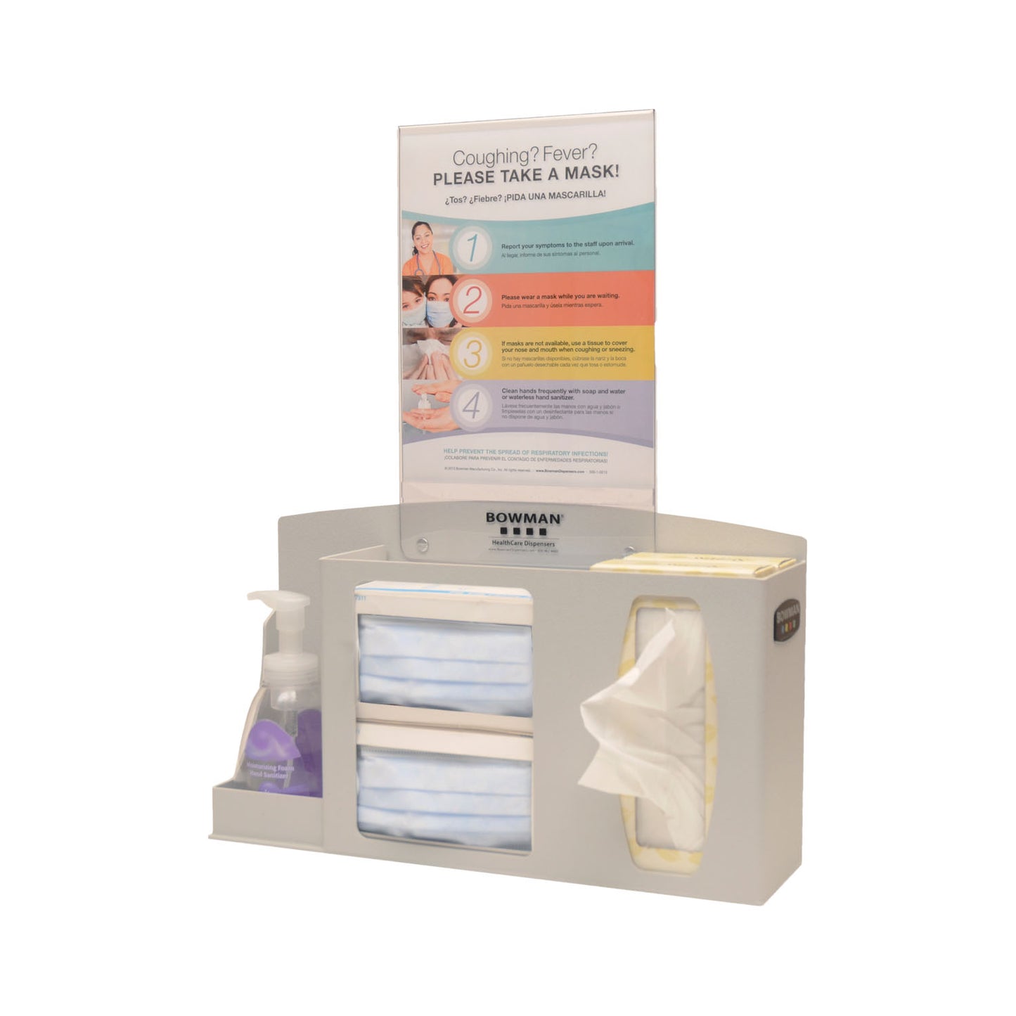 Respiratory Hygiene Station Holds Two Boxes of Face Masks, (1-2) Boxes of Facial Tissues, (1) Hand Sanitizer Bottle, Optional Sign Holders MP-070 or MP-075 (sold separately), Optional Floor Stands KS010-0412 or KS201-0029 (sold separately) Keyholes For Wall or Floor Stand Mounting, Quartz ABS Plastic, 17 7/8"W x 10_"H x 4 7/16"D (Made in USA)