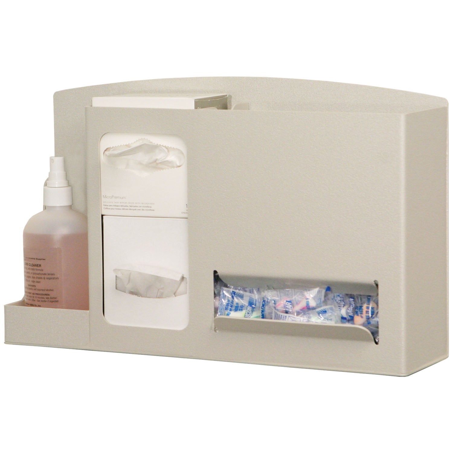 Eye & Ear Safety Station Holds Two Small Boxes of Eye Cleaning Wipes, One Bottle of Lens Cleaning Solution & Ear Plugs in Bulk Quantity, Keyholes For Wall Mounting, Can Sit On Counter or Mount to a Floor Stand, Quartz ABS Plastic, 18"W x 10 7/8"H x 5 3/8"D