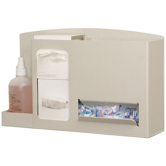Eye & Ear Safety Station Holds Two Small Boxes of Eye Cleaning Wipes, One Bottle of Lens Cleaning Solution & Ear Plugs in Bulk Quantity, Keyholes For Wall Mounting, Can Sit On Counter or Mount to a Floor Stand, Quartz ABS Plastic, 18"W x 10 7/8"H x 5 3/8"D