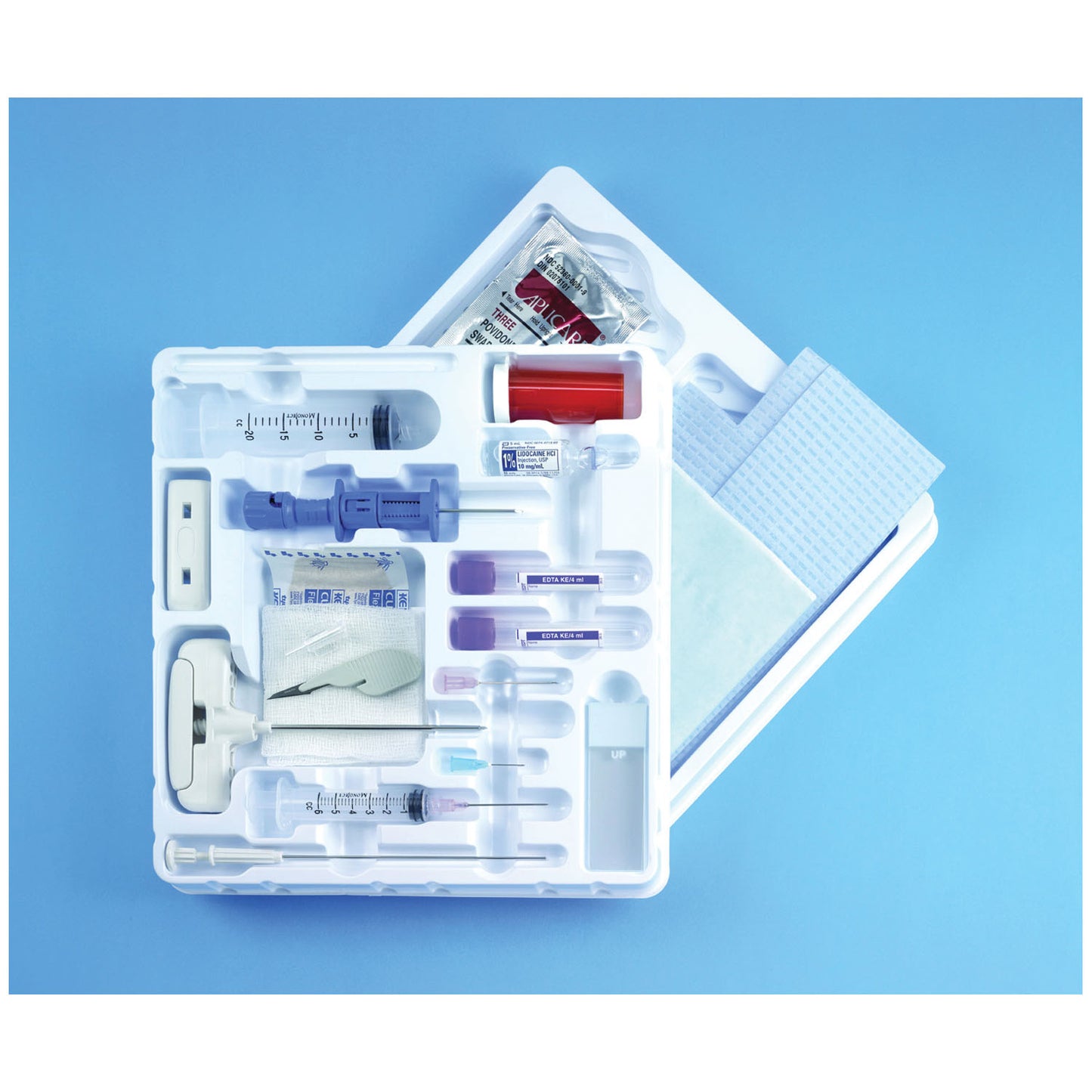 Bone Marrow Biopsy Tray, Sterile, Includes: 11G x 4" J-Style Needle, 1-15G Aspiration Needle, I-Style Aspiration Needle, 1 Luer Lock Adapter, 2 Specimen Tubes, 10 Microscope Slides, 1 Amber Specimen Vial, 1 Stirring Rod, 5 Gauze Pads & 1 ID Label, 10/cs (Short-Dated 9 Mos) (US Only)