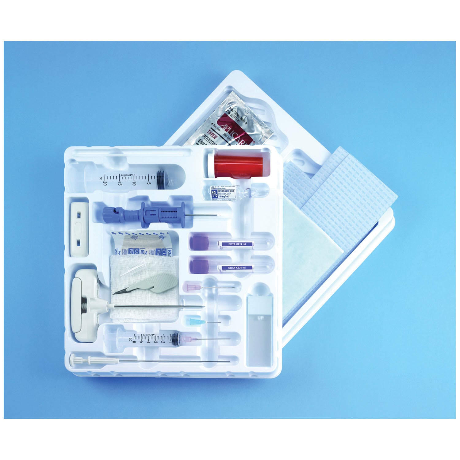 Bone Marrow Biopsy Tray, Sterile, Includes: 11G x 4" J-Style Needle, 1-15G Aspiration Needle, I-Style Aspiration Needle, 1 Luer Lock Adapter, 2 Specimen Tubes, 10 Microscope Slides, 1 Amber Specimen Vial, 1 Stirring Rod, 5 Gauze Pads & 1 ID Label, 10/cs (Short-Dated 9 Mos) (US Only)