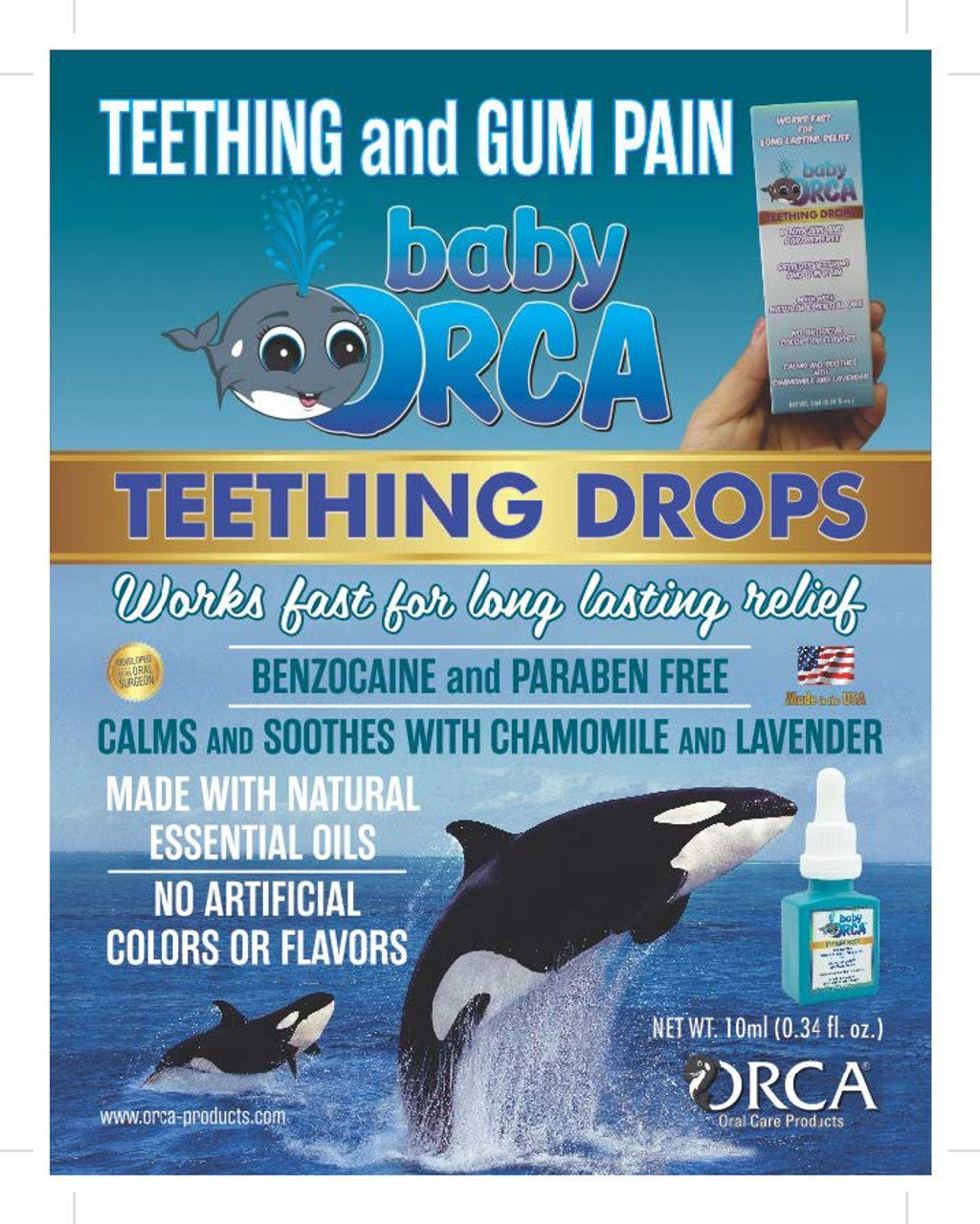 Baby ORCA Teething Drops, 10mL bottle with reusable dropper. 6 bottles/bx