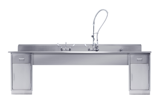 Decontamination Station 116"W x 30"D, (8") Backsplash, (3) 25"W x 18"H x 10"D Bowls, (1) Waste Lever Drain w/ Overflow, Marine Edge, Bowls Etched w/Gallon & Liter Measures (DROP SHIP ONLY)