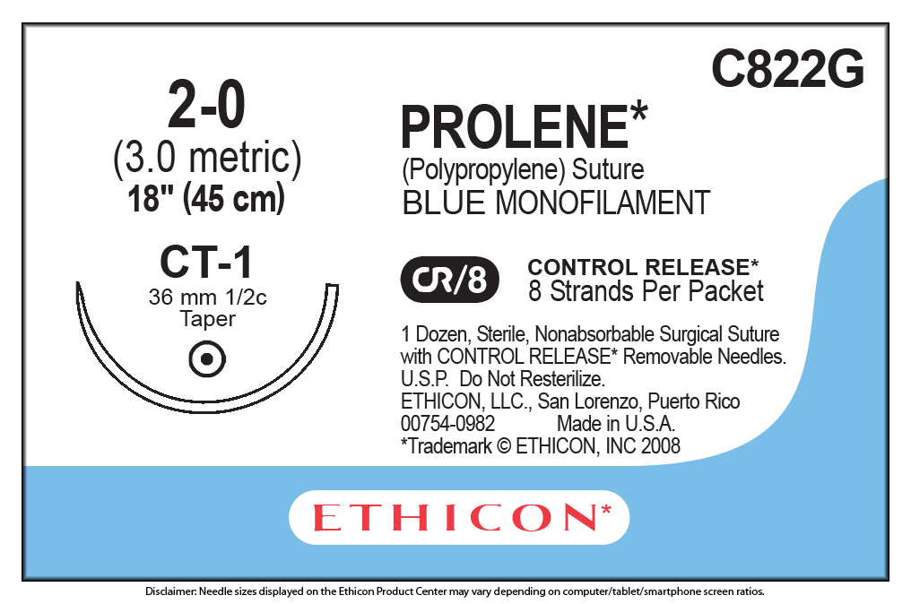 Suture, Taper Point, Size 2-0, 8-18", Blue Monofilament, Needle CT-1, _ Circle, Control Release, 1 dz/bx (Continental US Only)
