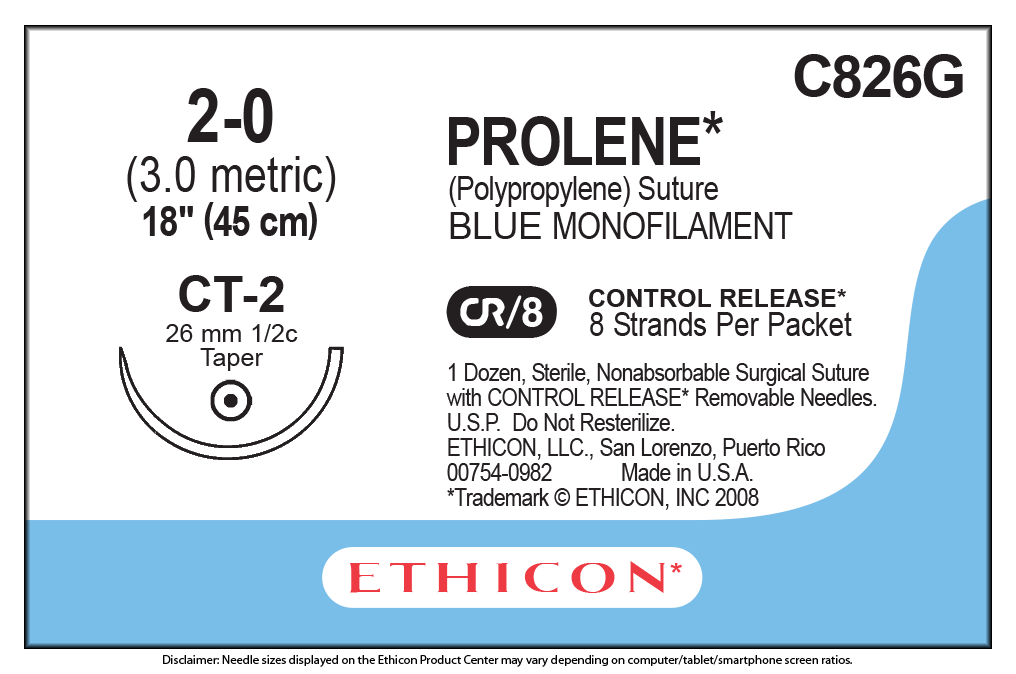 Suture, Taper Point, Size 2-0, 8-18", Blue Monofilament, Needle CT-2, _ Circle, Control Release, 1 dz/bx (Continental US Only)