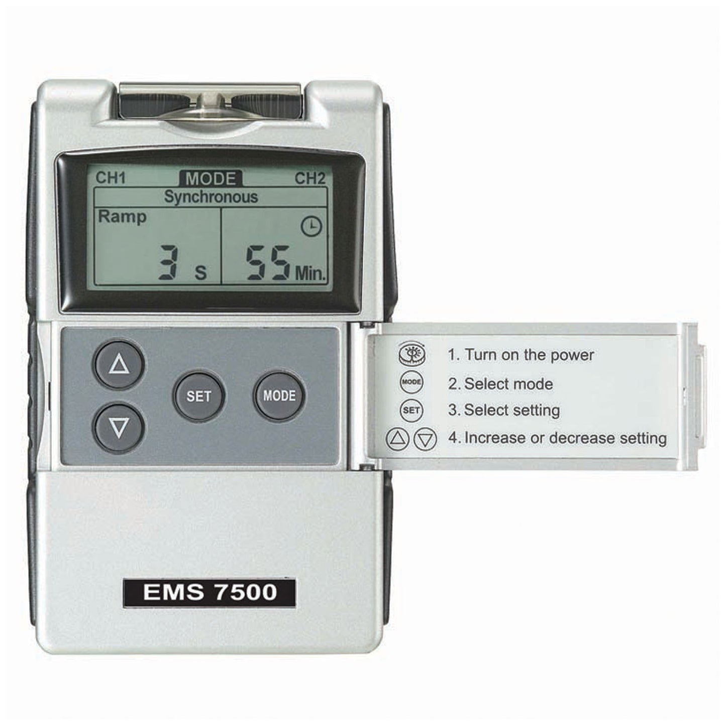 EMS 7500 Digital Device, Patient Compliance Meter, Three Modes, Rubber Side Railings, System Includes the Following: Device, Lead Wires, Four Self-Adhesive Reusable Electrodes, 9-Volt Battery, Hard Plastic Carrying Case and Instruction Manual, Basic Assembly Required, 1 Year Warranty