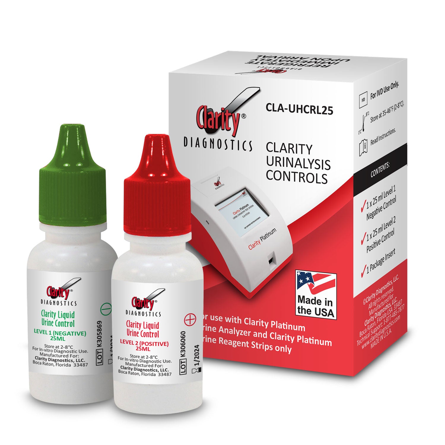 Clarity Platinum Urinalysis Controls, with (1) 25 ml Level1/Negative and (1) 25 ml Level2/Positive, For use ONLY with Clarity Platinum Urine Analyzer ONLY and Visual Read Clarity Microalbumin - Creatinine Test Streps - CLA-MAC (Made in USA) (Overnight Ice Packs - Refrigeration Required) (Refrigerated  Expedited Shipment Required; Ships on Ice) (Non-Returnable) (Maximum Shelf Life 22 Months) (DROP SHIP ONLY)