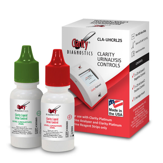 Clarity Platinum Urinalysis Controls, with (1) 25 ml Level1/Negative and (1) 25 ml Level2/Positive, For use ONLY with Clarity Platinum Urine Analyzer ONLY and Visual Read Clarity Microalbumin - Creatinine Test Streps - CLA-MAC (Made in USA) (Overnight Ice Packs - Refrigeration Required) (Refrigerated  Expedited Shipment Required; Ships on Ice) (Non-Returnable) (Maximum Shelf Life 22 Months) (DROP SHIP ONLY)