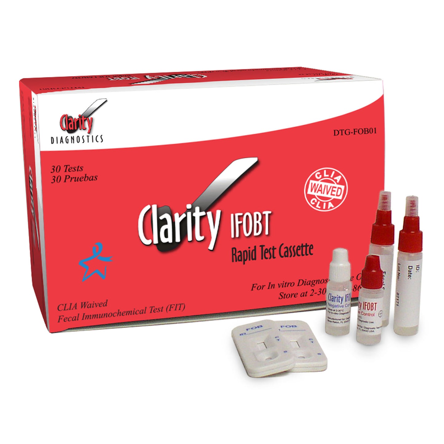 Clarity Fecal Occult Blood Test Kit, CLIA Waived, Includes: (30) Test Cassettes, (35) Collection Tubes, External Controls (1 Each of +/- .5mL Bottle), Product Insert, 30/bx