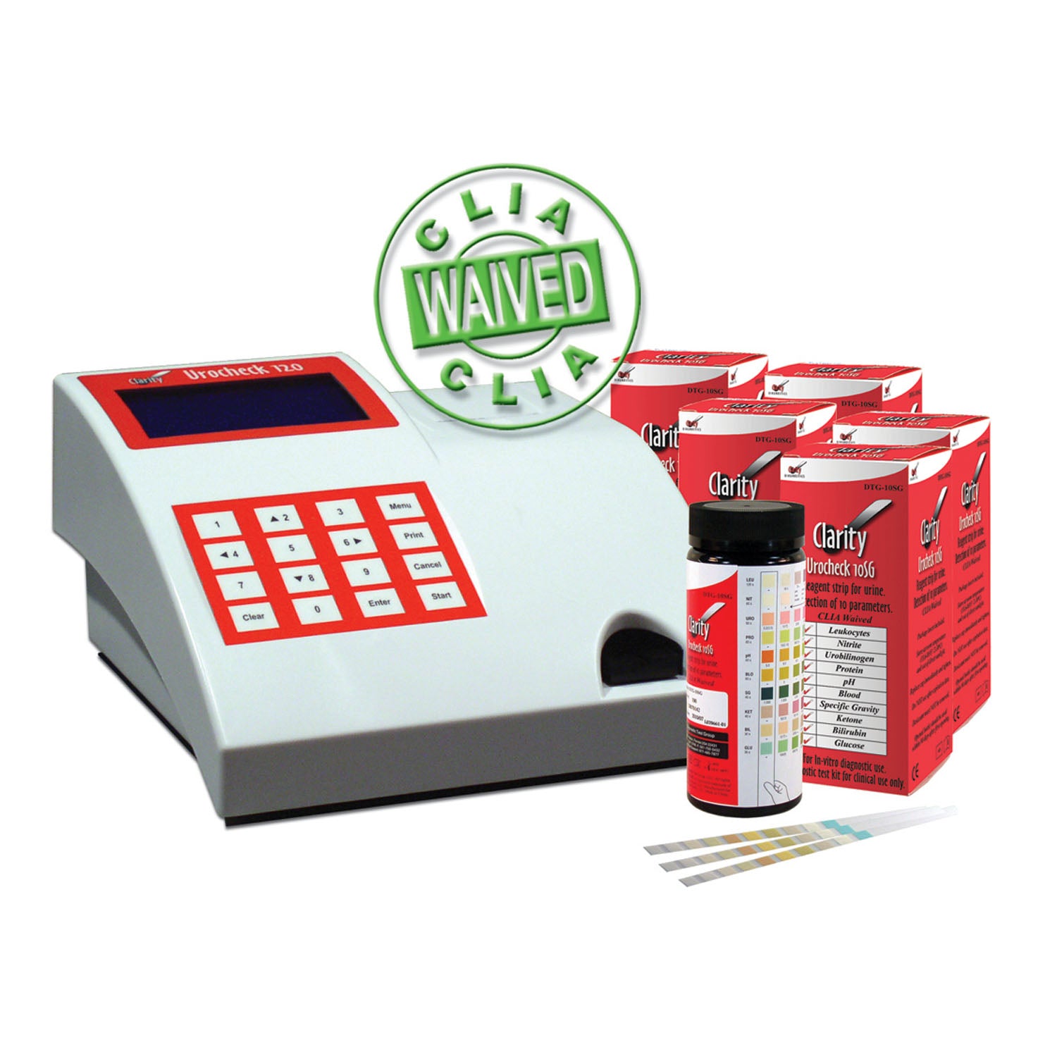 Clarity Urocheck 120 Analyzer, (5) Bottles of Clarity 10SG Strips, FDA Cleared, CLIA Waived, 1/bx (DROP SHIP ONLY)