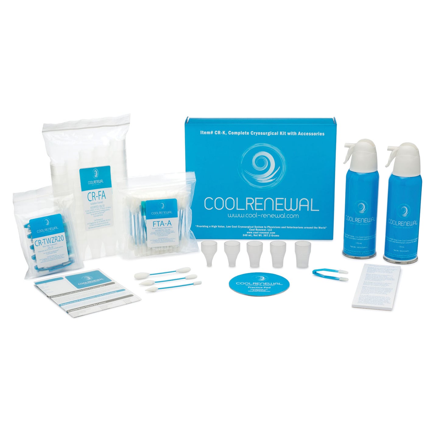 130 Freeze Kit, With Applicators, 2 170mL Canisters of Cryogen, 2 Extender Tubes, 60 Assorted Foam Tipped Applicators (20 Each Size), 50 Isolation Funnels (10 Each Size), 10 Skin Tag Tweezers, Instructions for Use, Patient Instructions Tear Pad, Applicator Practice Pad, Magnetic Box for Storage (Contiguous US Only) (Item is Considered HAZMAT and Cannot Ship via Air or to AK, GU, HI, MP, PR, VI)