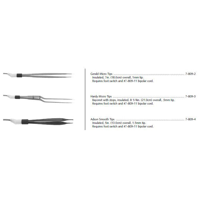 Bipolar Forceps Electrode, Hardy Micro Tips, Bayonet Style, Stops, 8_" (21cm), .5mm Tip Insulated, Requires Foot Switch & 780911 Cord