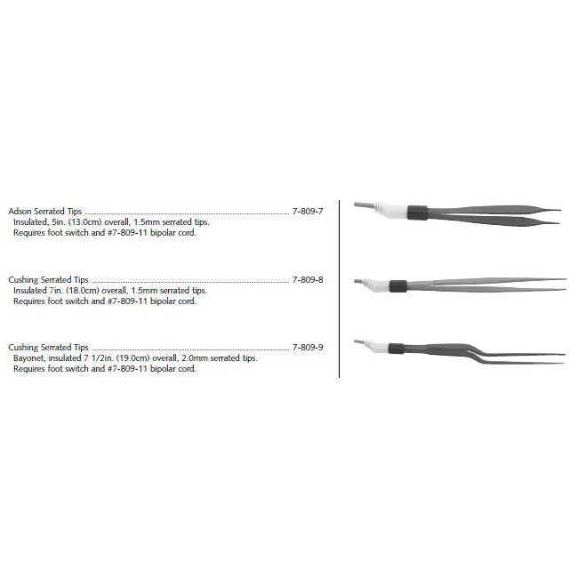Bipolar Forceps Electrode, Cushing Serrated Tips, Bayonet Style, 7_" (19cm), Requires Foot Switch & 780911 Cord, 2mm Tip Insulated