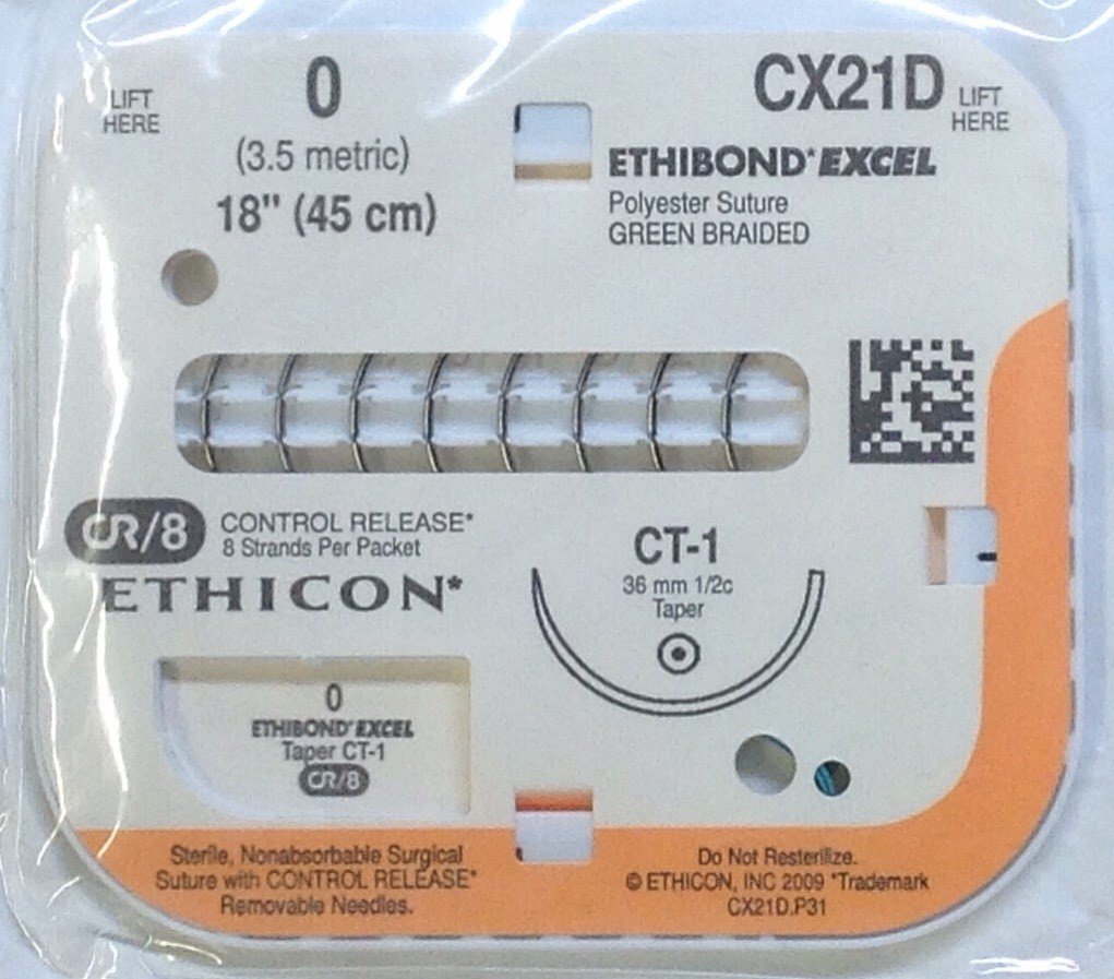 Suture, Size 0, 8-18", Eth Exc Green Braided, Needle CT-1, 1 dz/bx (Continental US Only)
