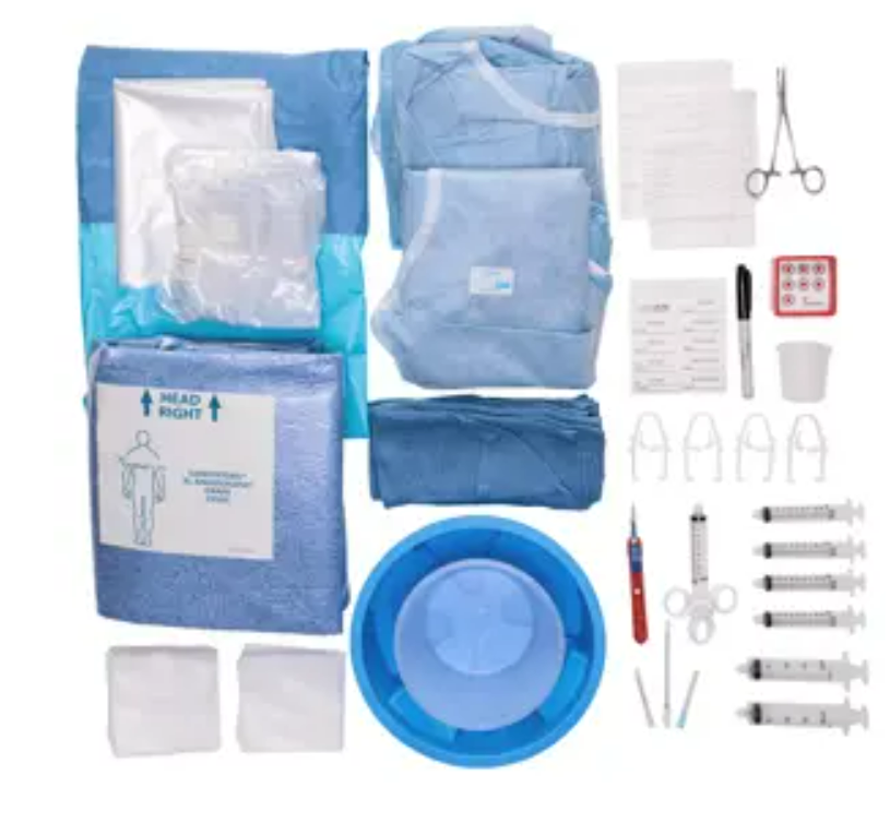 Cath Angio Kit, Includes: Sheet of 22 Waterproof Labels, 17" x 24" Blue Cotton Towels, 18G x 7cm Guidewire Introducer, 80" x 135" Femoral Angiography Drape, 10ml Luer Lock Syringe, #11 Safety Surgical Scalpel, 2500cc Guidewire Bowl, 8" x 10" Zipper Bag, 5" Curved Halstead Mosquito Forceps, 48" x 90" Back Table Cover, 16" x 26" White Abosrbent Towels, X-Large Astound Gowns, 20ml Luer Lock Syringes, 18G x 1.5" PrecisionGlide Hypodermic Needle, 4/cs