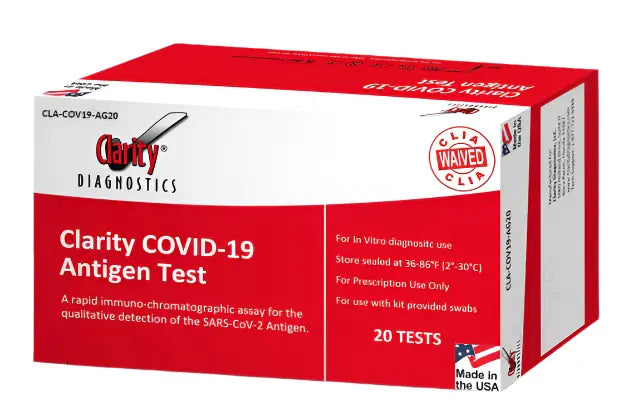 COVID19 Antigen Rapid Test Kit, Clarity, Nasal swab sample, 15-minute result time.,510 Cleared, CLIA Waived, 20/bx (Made in the USA)  
