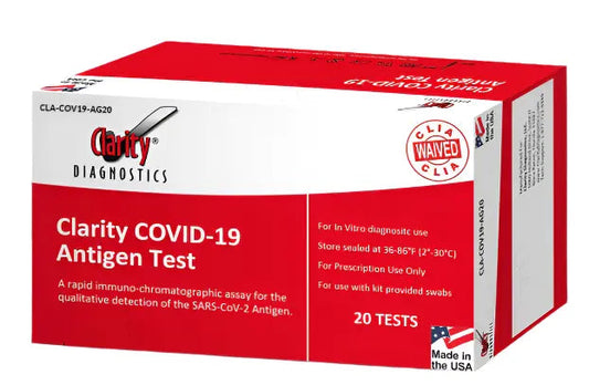 COVID19 Antigen Rapid Test Kit, Clarity, Nasal swab sample, 15-minute result time.,510 Cleared, CLIA Waived, 20/bx (Made in the USA)  
