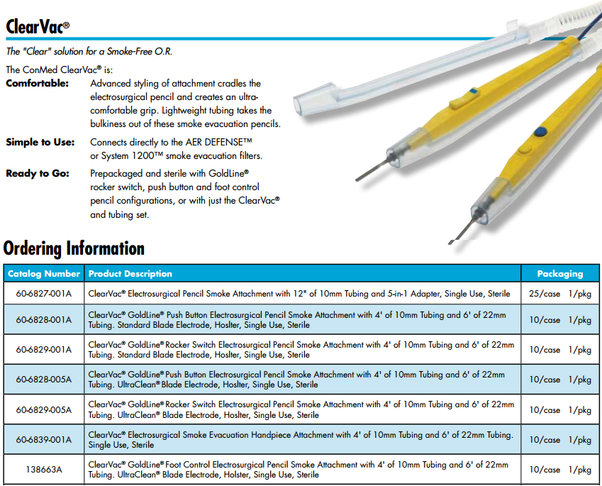 ClearVac GoldLine Push Button Electrosurgical Pencil Smoke Attachment, 4 ft of 10mm Tubing, 6 ft of 22mm Tubing, Standard Blade Electrode, Holster, Single Use, Sterile, 10/cs