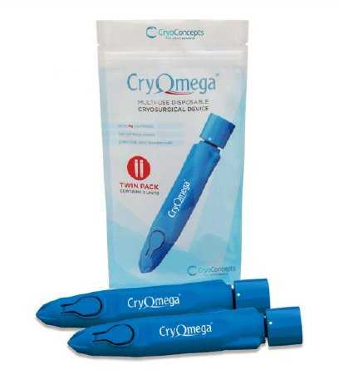 CryOmega Twin Pack, Contains: (2) Standard Pens with 16g of Nitrous Oxide Spray, (1) Instructions for Use (US Only) (Item is considered HAZMAT and cannot ship via Air or to AK, GU, HI, MP, PR, VI)