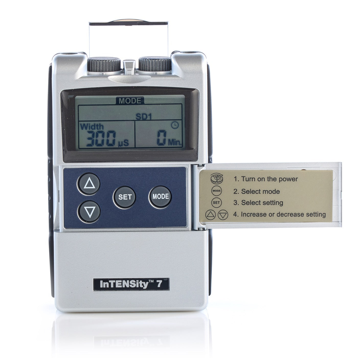 TENS Unit, InTENSity 7, System Includes: Device, Lead Wires, Four Self-Adhesive Reusable Electrodes, 9-Volt Battery, Hard Plastic Carrying Case, Quick Start Guide, and Instruction Manual, Basic Assembly Required, 1 Year Warranty