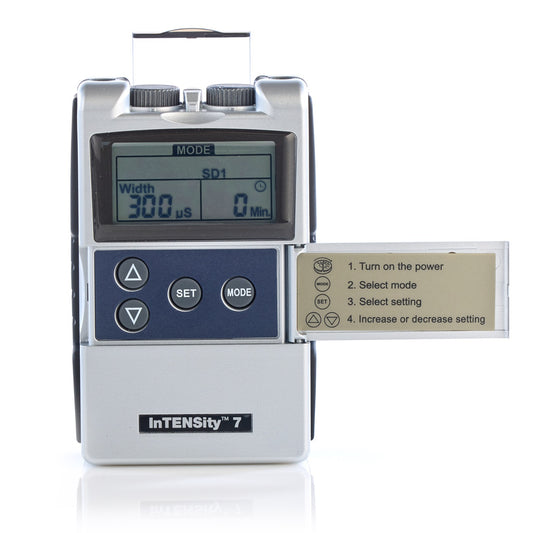TENS Unit, InTENSity 7, System Includes: Device, Lead Wires, Four Self-Adhesive Reusable Electrodes, 9-Volt Battery, Hard Plastic Carrying Case, Quick Start Guide, and Instruction Manual, Basic Assembly Required, 1 Year Warranty