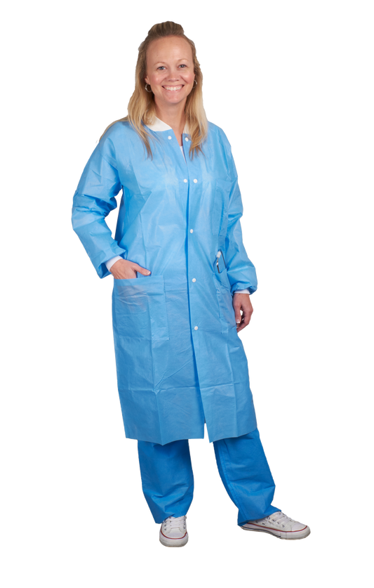 Lab Coat, Disposable, X-Large, Blue, White Knit Collar & Cuffs, 3 Pockets, SMS, 10/bg, 10 bg/cs (DROP SHIP ONLY)