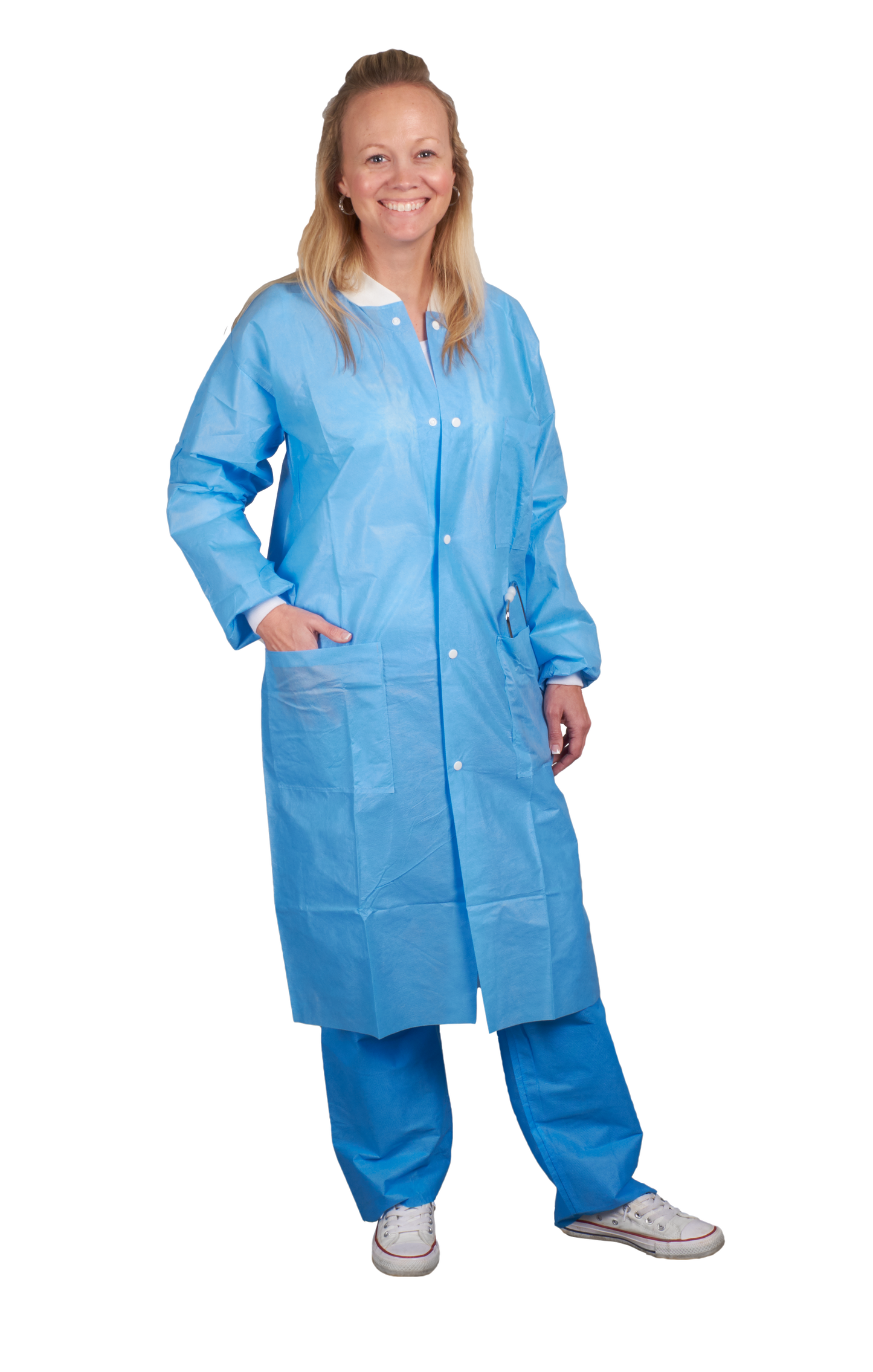 Lab Coat, Disposable, Medium, Knee Length, Light Blue, White Knit Collar & Cuffs, 5 White Snaps, 3 Pockets, PP with Soft Treatment, 10/bg, 10 bg/cs (DROP SHIP ONLY)