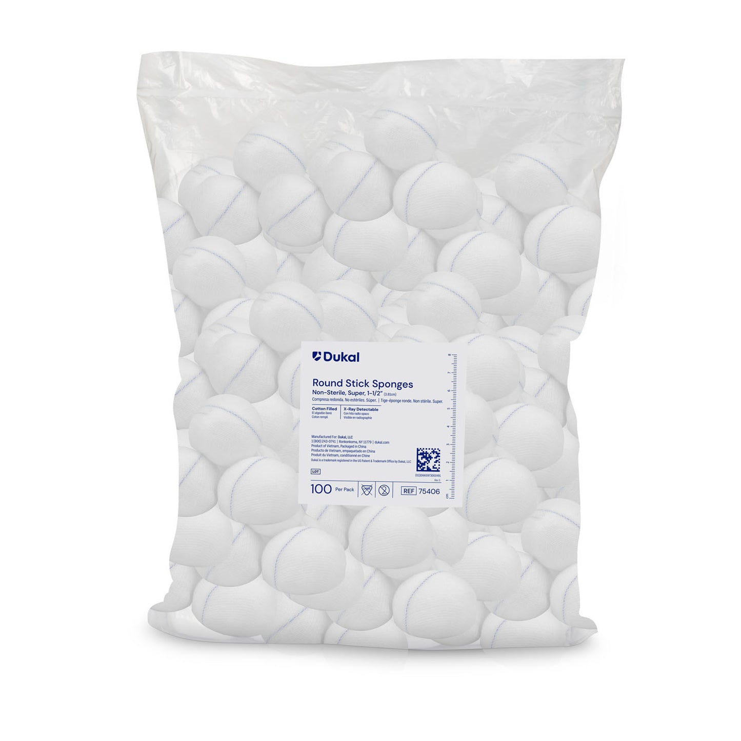 Roundstick Sponge, Cotton-Filled, X-Ray Detectable, Super 1_", Non-Sterile, 100/pk, 5 pk/cs