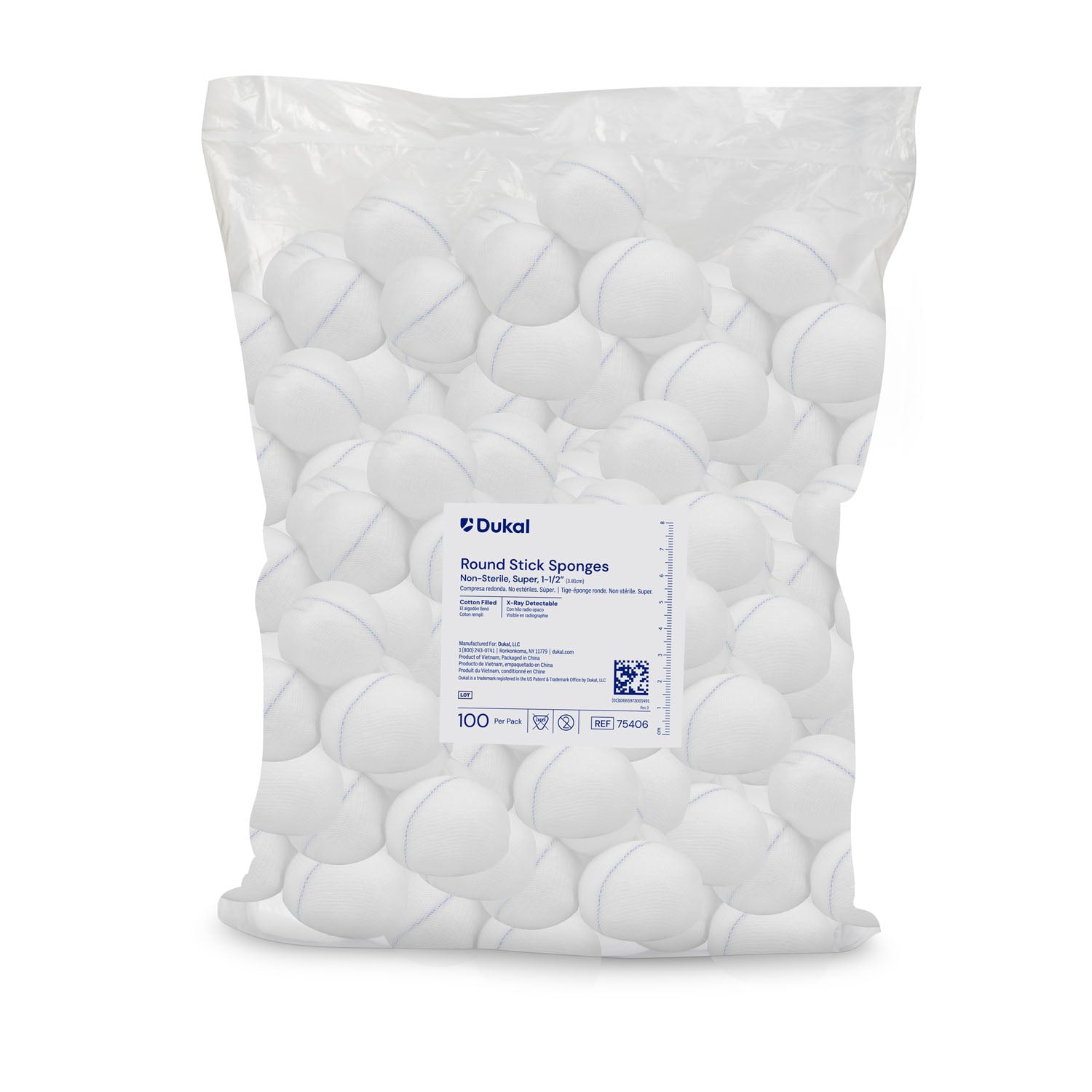 Roundstick Sponge, Cotton-Filled, X-Ray Detectable, Super 1_", Non-Sterile, 100/pk, 5 pk/cs