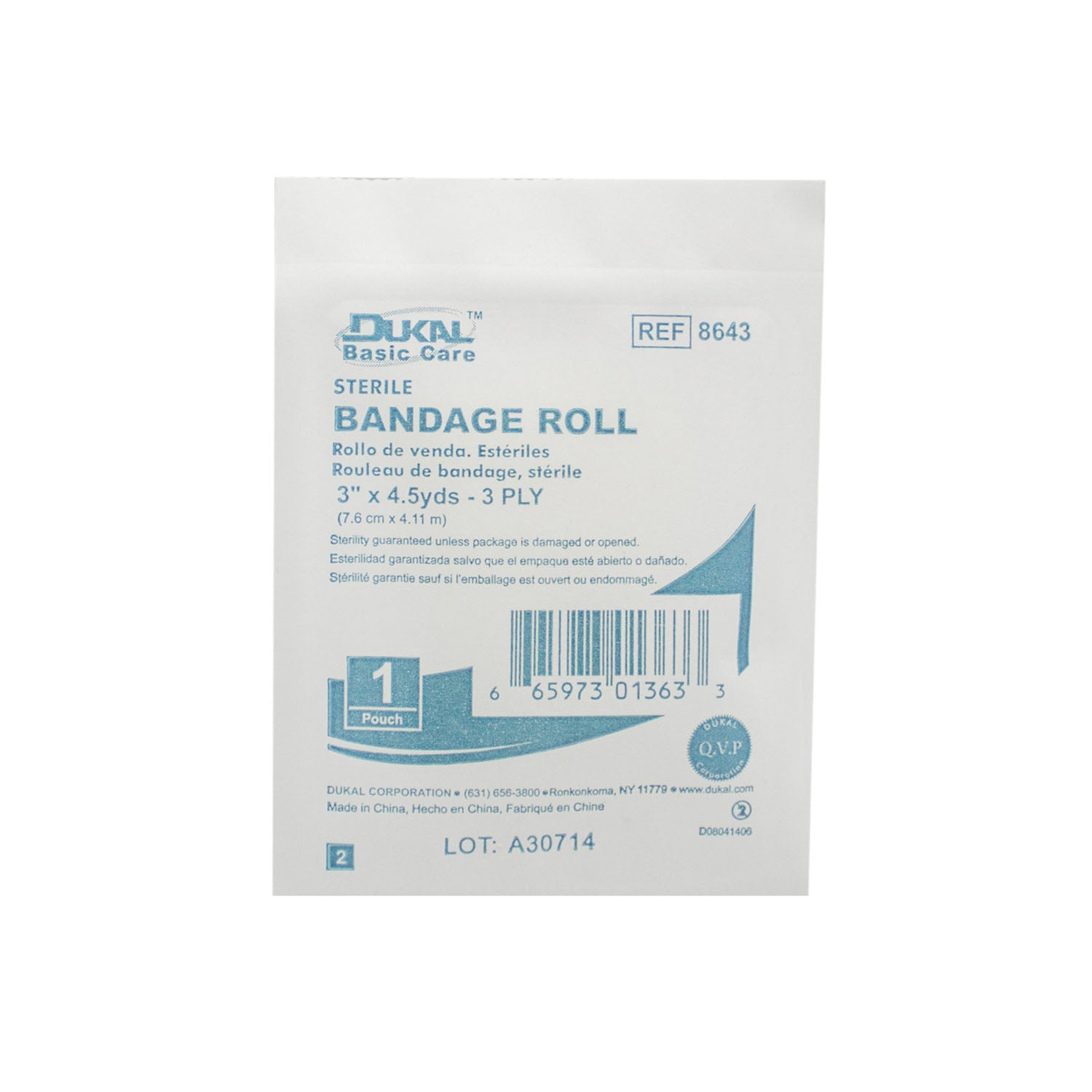Basic Care Fluff Bandage Roll, 3" x 4.5 yd, 3ply, Sterile, 1 rl/bg, 96 bg/cs