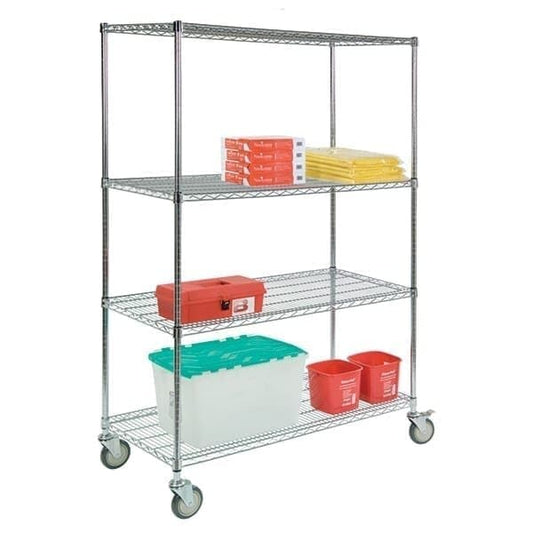 Cart Kit, 4-Shelf, 24"D X 60"L X 72"H, Round Post, Includes: Posts, Shelves, Collets, 5" Swivel Casters & 5" Swivel Casters W/Brakes; High Quality, Plated Wire Shelves & Corner Posts; Shelves Are 24"W X 60"L & Feature Truss Reinforced Edges; Posts Feature Groove Rings In 1" Increments For Shelf Height Adjustability; 1200 Lb. Total Cart Capacity