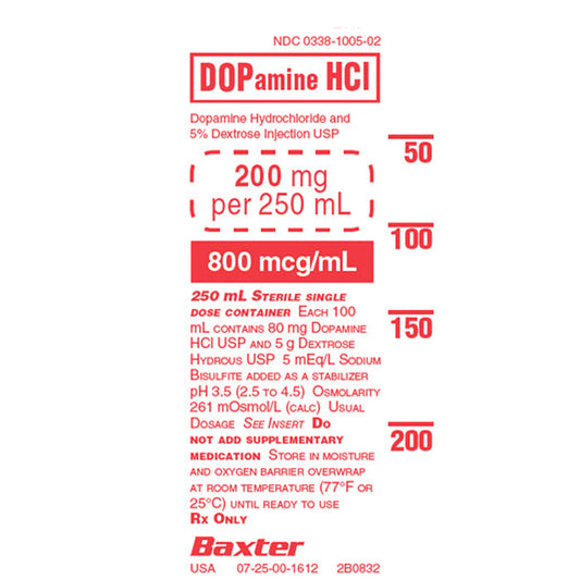 Dopamine Hydrochloride, 5% Dextrose Injection, USP, 800 mcg/ ml, 250 ml, Viaflex Plastic Container, Liquid Premix, 18/cs (Rx) (Item is Non-Returnable) (Continental US Only, Excluding IN and ND) (Product Access Restricted. Check with your sales rep to verify eligibility)