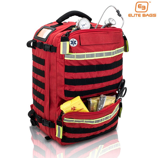 Elite Bags Paramed's Backpack, MOLLE Compatible, Glow-In-The-Dark Chest Buckle/Whistle,  Large Red Bag, Size 9" x 12 "x 18.5"
