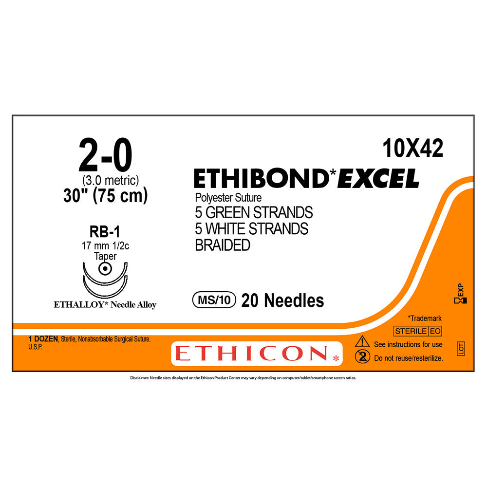 Suture, Taper Point, Size 2-0, 5-30", Green & White Braided, Needle RB-1, _ Circle, 6/bx (Continental US Only)
