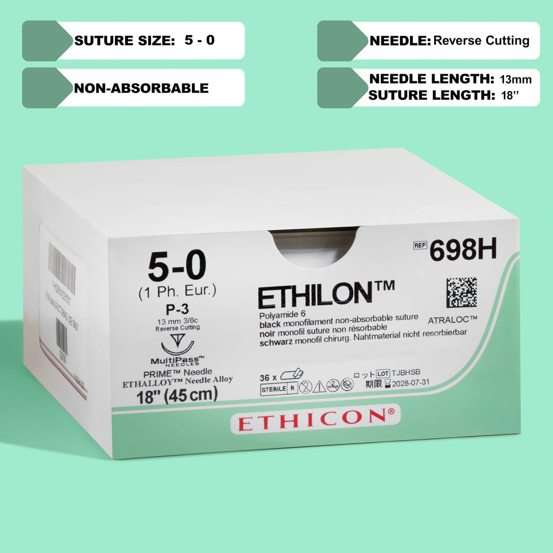 Suture, Precision Point Reverse Cutting, Size 5-0, 18", Black Monofilament, Needle P-3, 3/8 Circle, 3 dz/bx (Continental US Only)