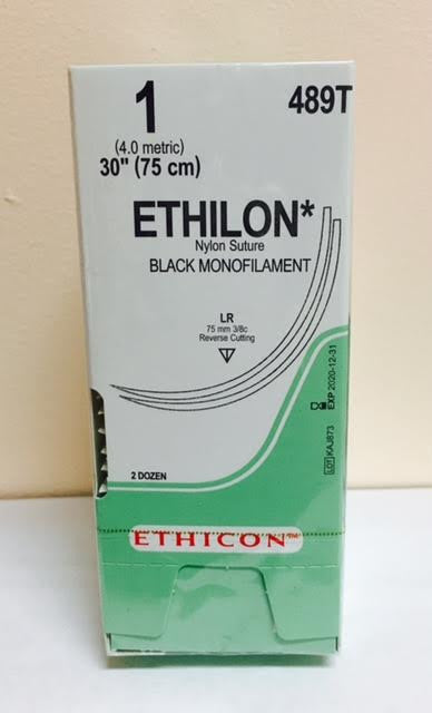 Suture, Reverse Cutting, Size 1, 30", Black Monofilament, Needle LR LR, 3/8 Circle, 2 dz/bx (Continental US Only)