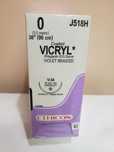 Suture, Tapercut, Size 0, 36", Violet Braided, Needle V-34, _ Circle, 3 dz/bx (Continental US Only)
