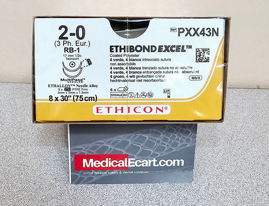 Suture, Taper Point, Size 2-0, 4-30", Green & White Braided, Needle RB-1, _ Circle, 1/8" x 1/8" x 1/16" Firm TFE Polymer Pledgets, 6/bx (Continental US Only)