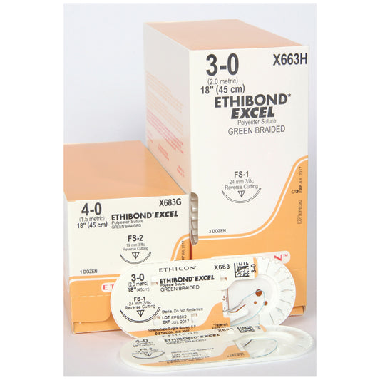 Suture, Reverse Cutting, Size 3-0, 18", Green Braided, Needle FS-1, 3/8 Circle, 3 dz/bx (Continental US Only)
