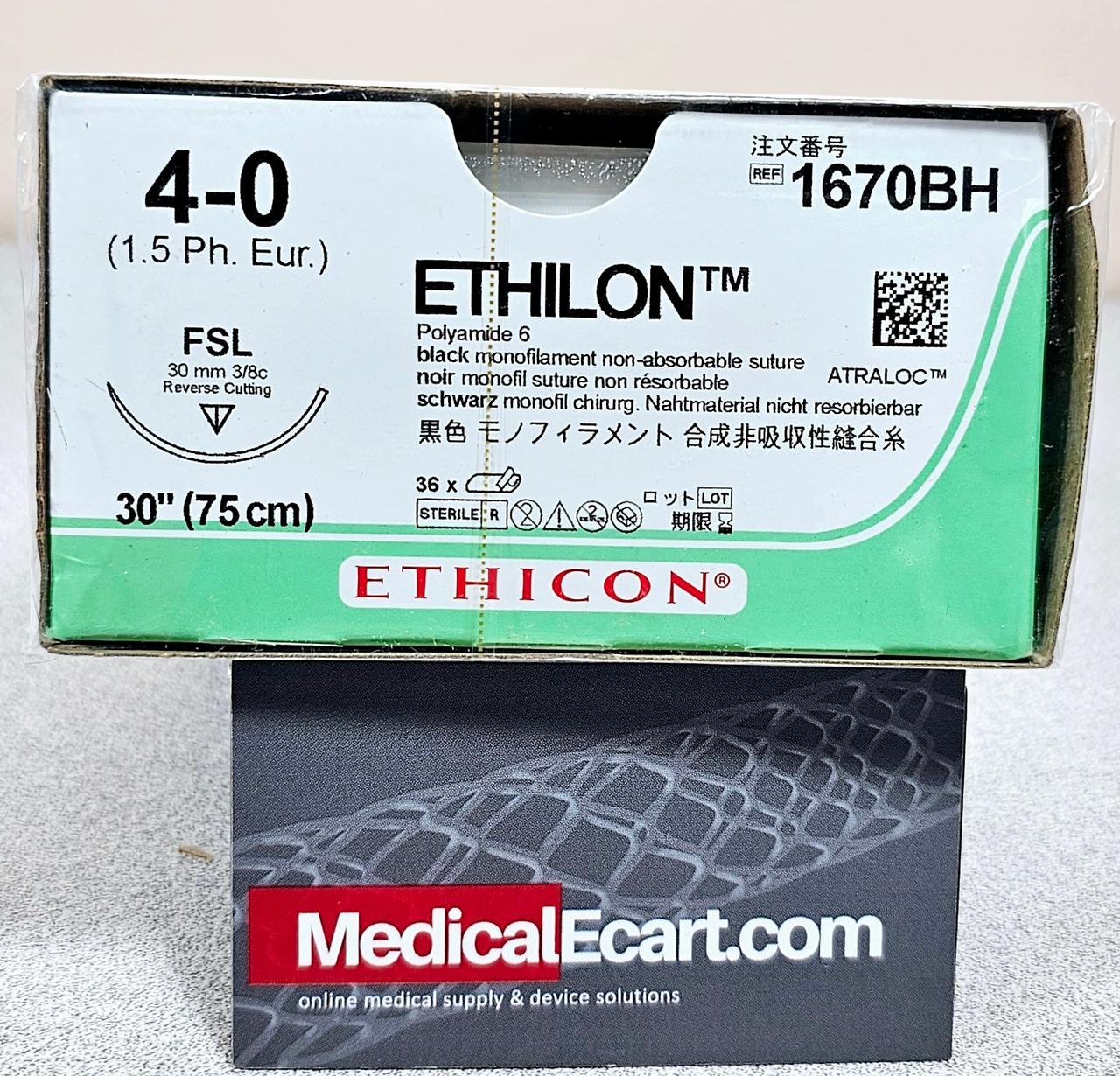 Suture, Reverse Cutting, Size 4-0, 30", Black Monofilament, Needle FSL, 3/8 Circle, 3 dz/bx (Continental US Only)