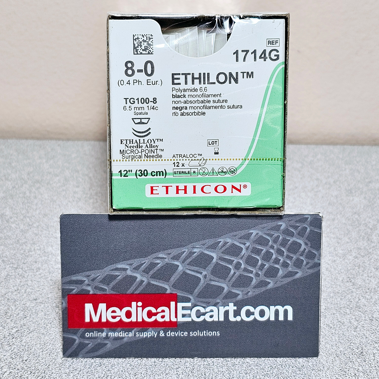 Suture, Micropoint Spatula, Size 8-0, 12", Black Monofilament, Needle TG100-8 TG100-8, _ Circle, 1 dz/bx (Continental US Only)